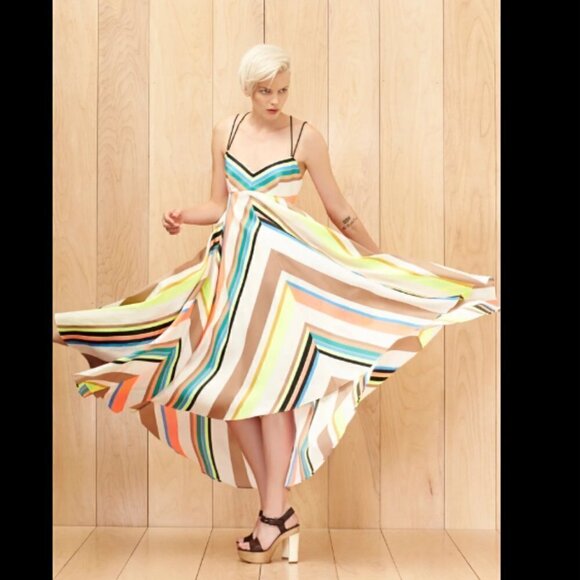 Milly Blended Linen Silk Mitered Trapeze Neon Striped Maxi Dress - Picture 1 of 10